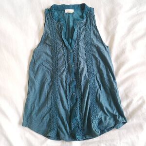 Anthropologie Meadow Rue Blouse Tank Top Womens XS Green Sleeveless Laced 100% C